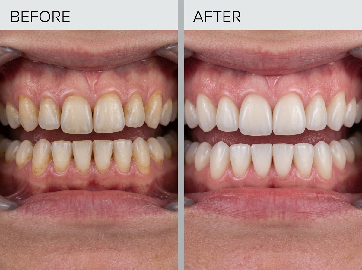 Before and after clinical comparison of professional teeth cleaning and aesthetic dental restoration