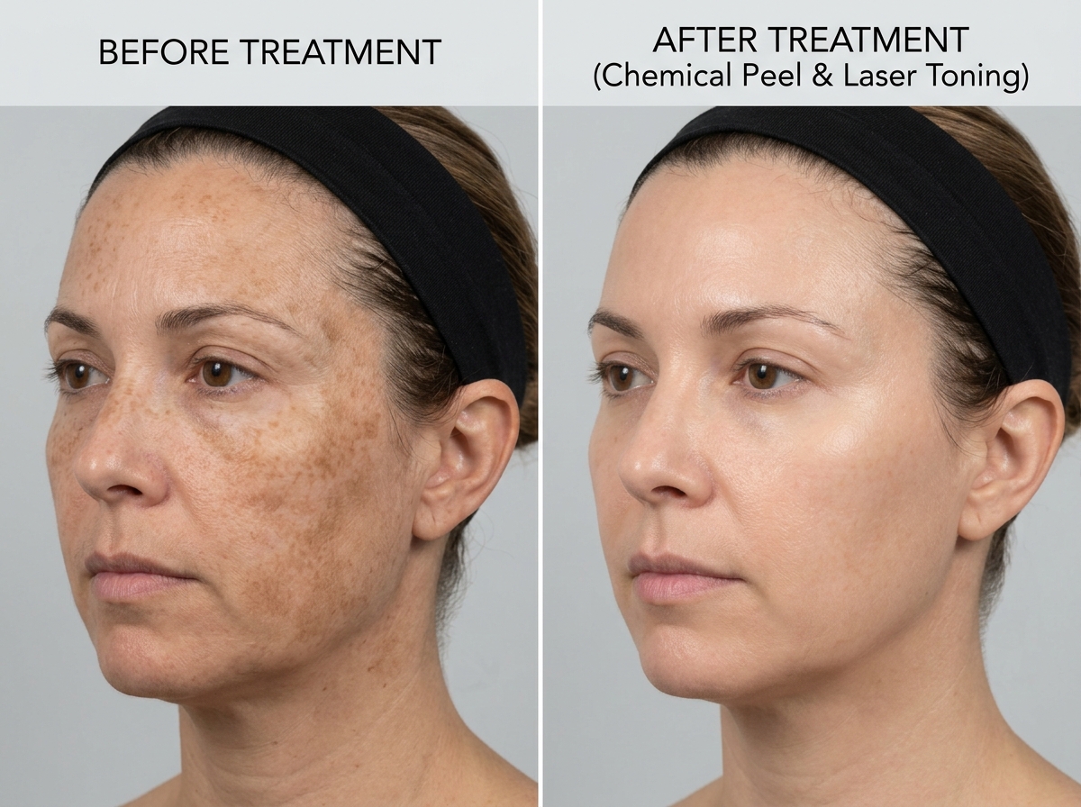 Before and after clinical comparison of chemical peel and laser toning for pigmentation