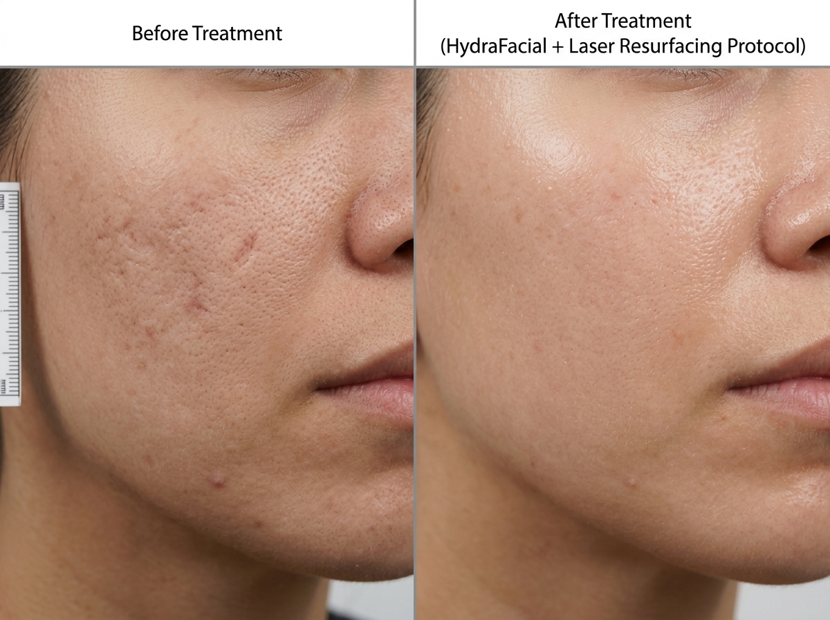 Before and after clinical comparison of acne scar resurfacing and HydraFacial treatment